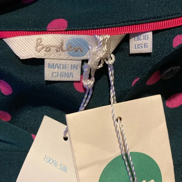 NWT Boden 100% Silk Shirt in green with pink polka dots,  size 6. - Picture 7 of 10